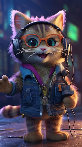 Een kat met een bril en een jas waar 'kat' op staat