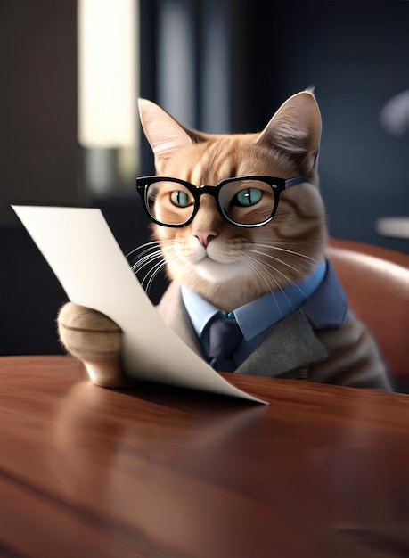 een kat met een bril en een pak dat een krant leest