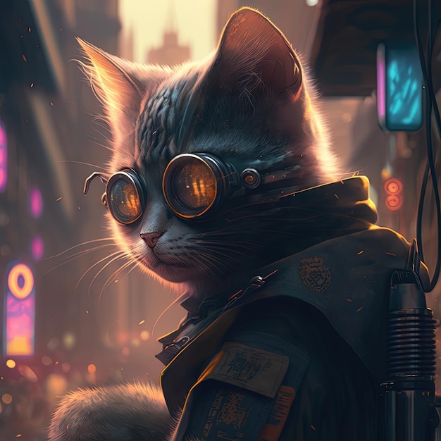 Een kat met een bril en een vest met de tekst 'cyberpunk' erop