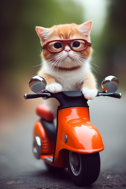 Een kat met een bril rijdt op een scooter.