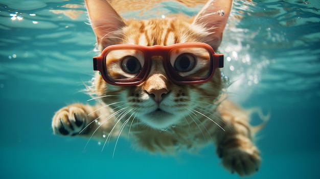 Foto een kat met een bril zwemt onder water generatieve ai