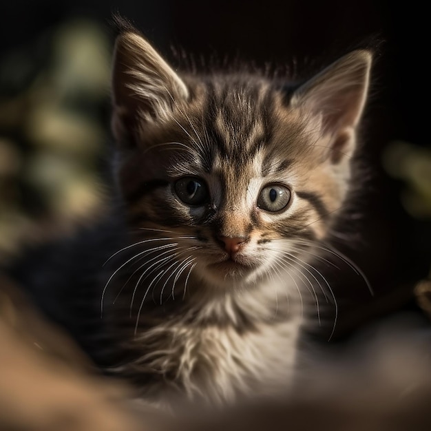 Een kat met een bruin-wit gestreepte vacht.