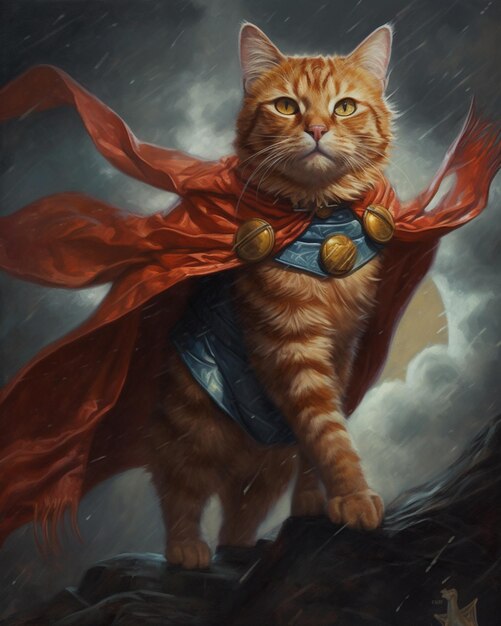 Een kat met een cape en een cape waar "wonder" op staat.