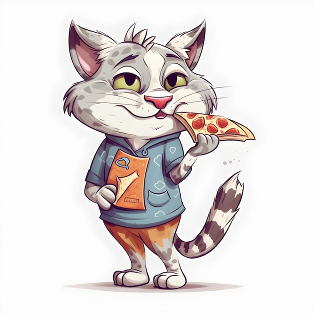 Een kat met een doos pizza in zijn hand eet een stuk pizza.