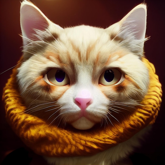 Een kat met een gele sjaal en een sjaal waarop "kat" staat.