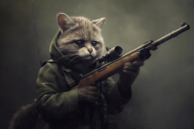 Een kat met een geweer is in een militair uniform.