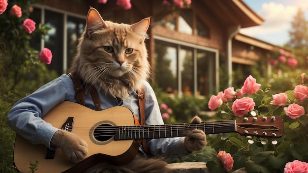 een kat met een gitaar tegen de schoonheid van een huis en de rust van de natuur een pakkende headli