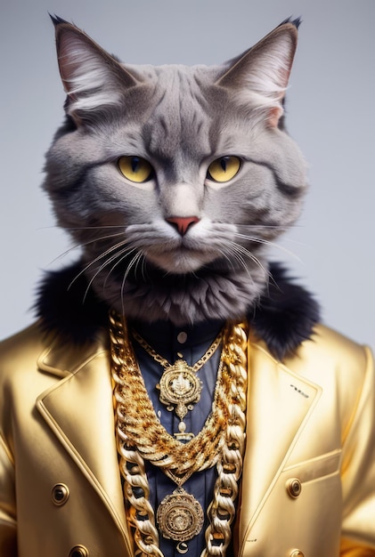 Een kat met een gouden jas aan en een jas met een gouden ketting eromheen.