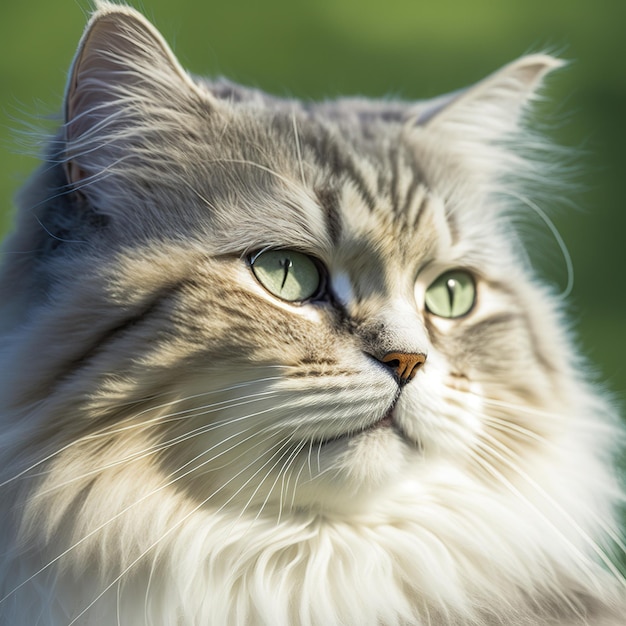 Een kat met een groene achtergrond en lichtblauwe ogen.