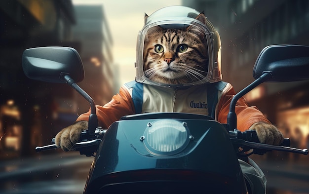 een kat met een helm rijdt op een motorfiets met een helm erop