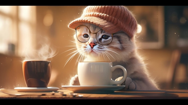 Een kat met een hoed en een bril die naast een kopje koffie zit, generatief ai-beeld