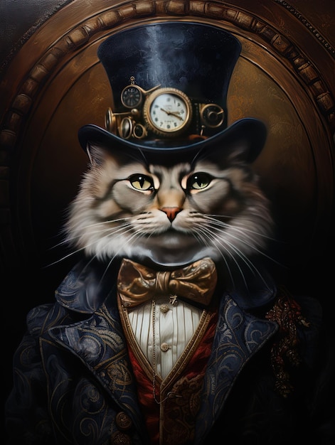 een kat met een hoed en een pak met een klok erop