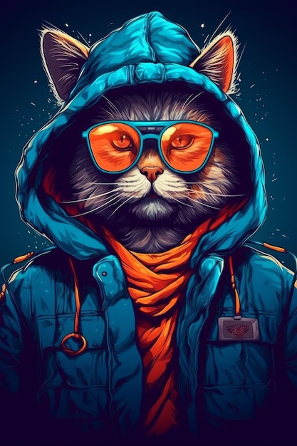 Een kat met een hoodie en een zonnebril.