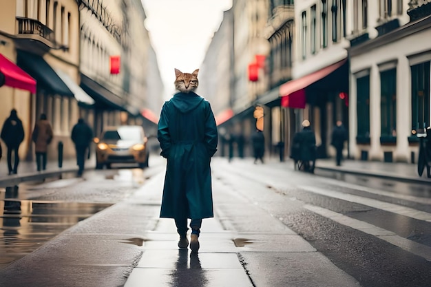Een kat met een jas loopt door een straat.