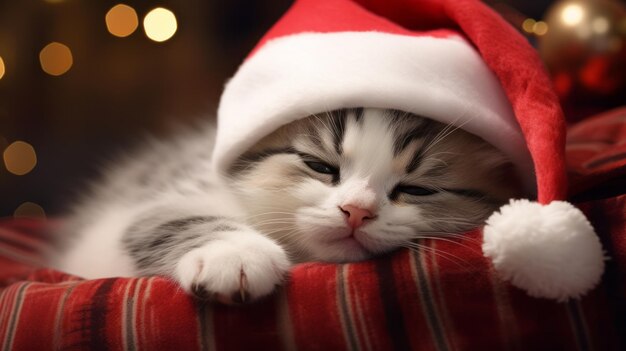 Een kat met een kerstmanhoed die op een bank ligt