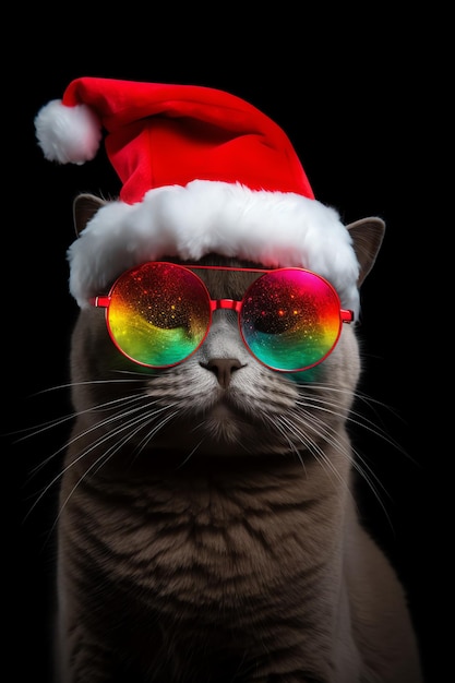 Een kat met een kerstmuts en een zonnebril op