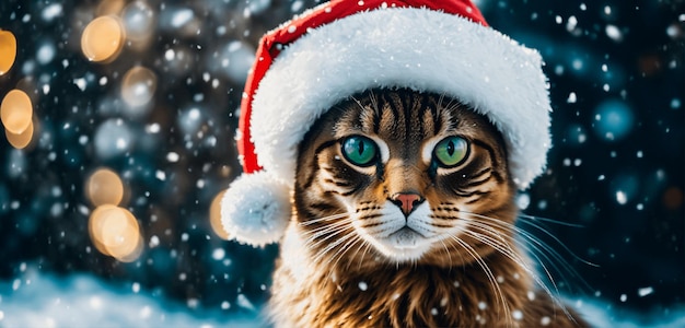 Een kat met een kerstmuts in de buitenlucht tijdens sneeuwval
