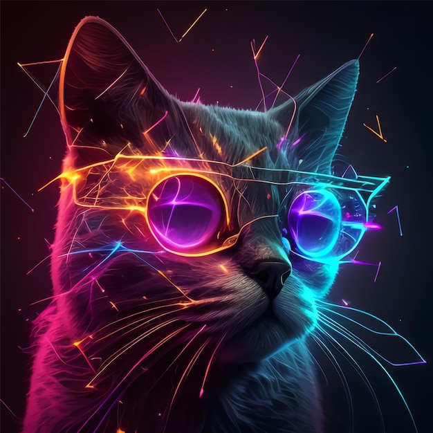 Een kat met een kleurrijke bril en de woorden kat erop