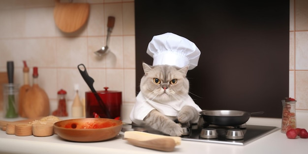 Een kat met een koksmuts staat op een fornuis in een keuken.