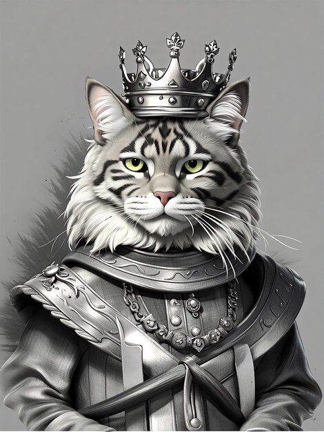 Een kat met een kroon op zijn hoofd staat als een koning met een mes in de hand