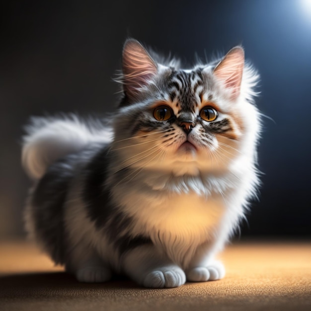 Een kat met een licht op het gezicht zit op een tapijt.
