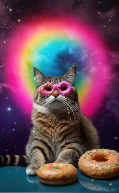 Een kat met een masker waarop 'regenboog' staat.