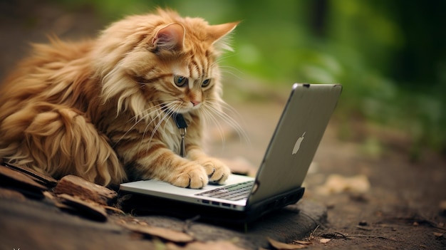 Een kat met een mini-laptop alsof hij op de achtergrond surft