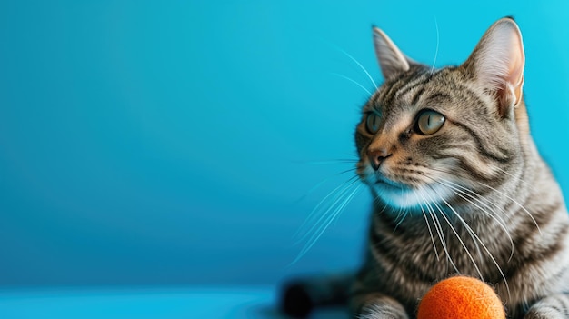 Een kat met een oranje bal op een blauwe achtergrond