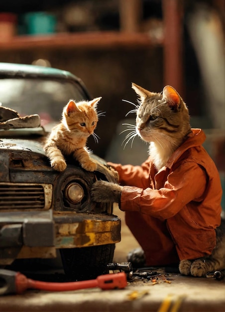 een kat met een oranje jas aan de voorkant van een auto