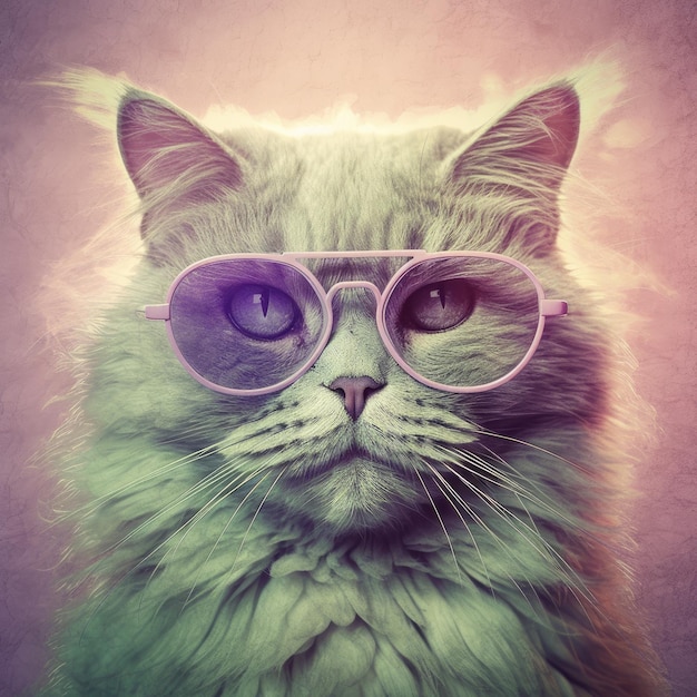 Een kat met een paarse bril erop.