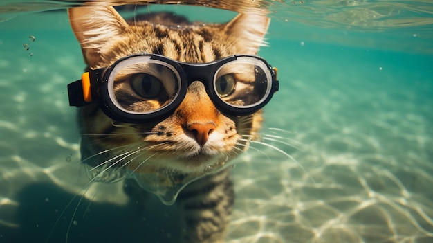 Foto een kat met een snorkelbril zwemt onder water generatieve ai