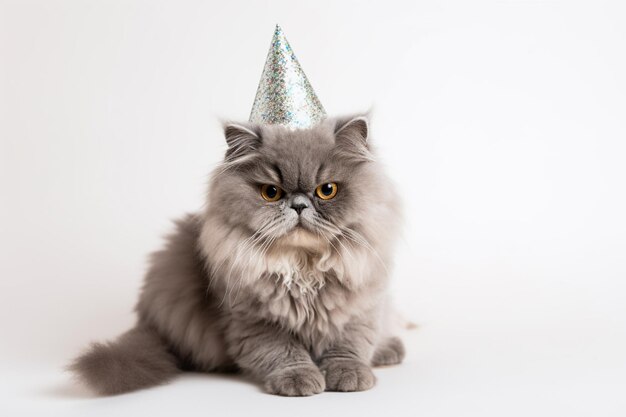 Een kat met een verjaardagshoed zit op een witte achtergrond.
