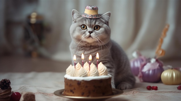 Een kat met een verjaardagshoedje op en een taart met kaarsjes erop