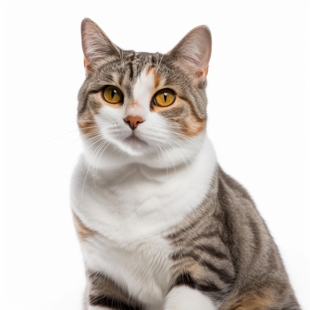 Een kat met een witte borst en een grijze borst zit op een witte achtergrond.