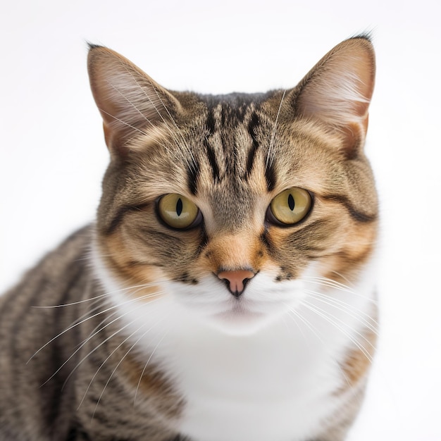 Een kat met een witte kraag en zwarte strepen kijkt naar de camera.