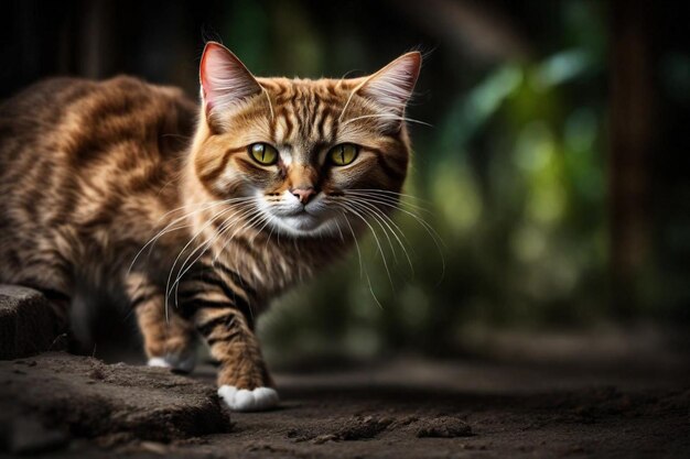 een kat met een witte neus en snor loopt op een vuil grond