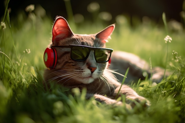 Een kat met een zonnebril en een koptelefoon