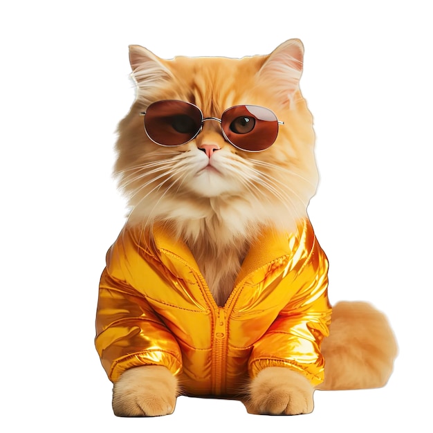 Een kat met een zonnebril en kleding op een doorzichtige achtergrond