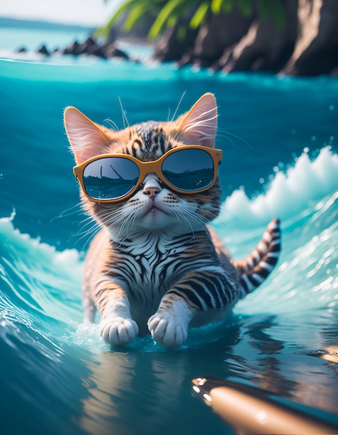 Een kat met een zonnebril zit op een golf in de oceaan.