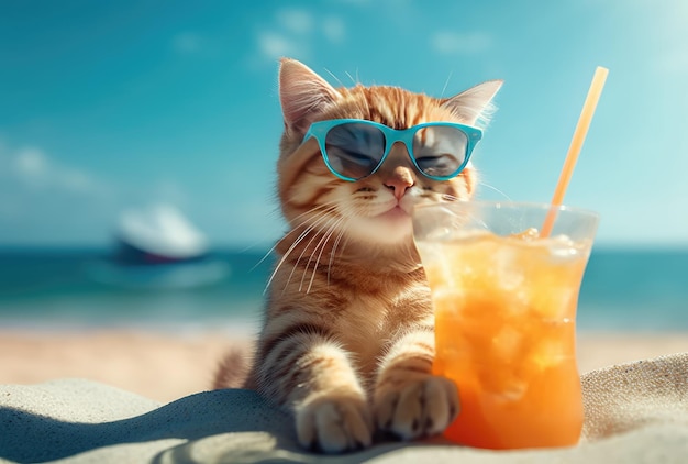 Een kat met een zonnebril zit op een strand met een drankje ervoor
