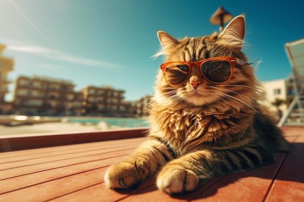 een kat met een zonnebril zit op een tafel voor een gebouw.