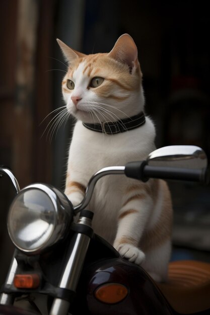 Een kat met een zwarte halsband zit op een motorfiets.