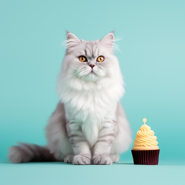 een kat met gele ogen zit naast een cupcake