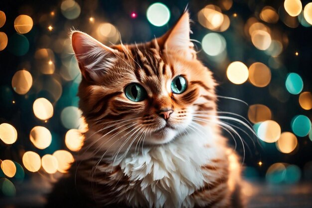 een kat met groene ogen en een kerstboom erachter