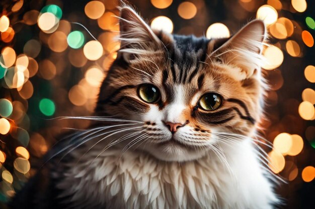 een kat met groene ogen en een kerstboom erachter