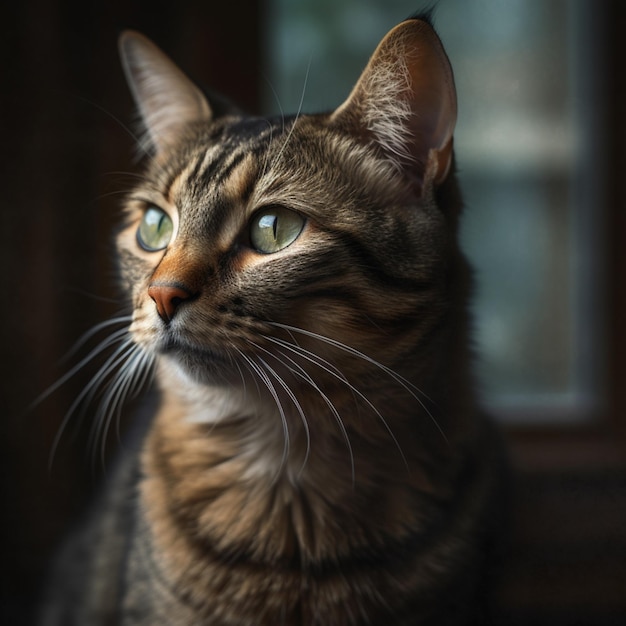 Een kat met groene ogen kijkt uit een raam.