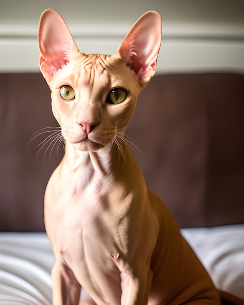 Een kat met groene ogen zit op een bank.