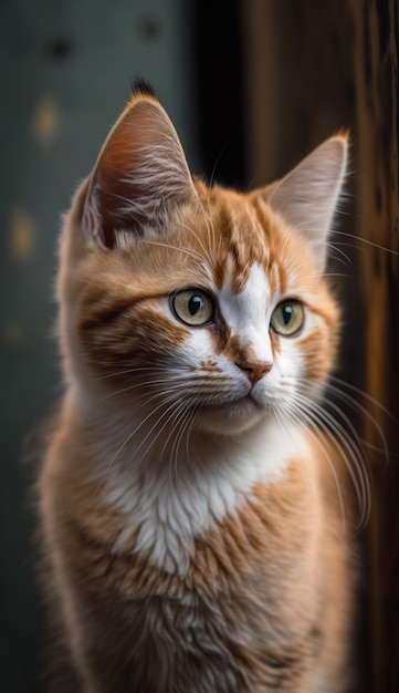 Een kat met groene ogen zit voor een raam.