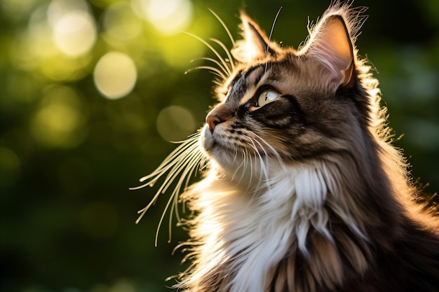 een kat met lang haar die naar de lucht kijkt