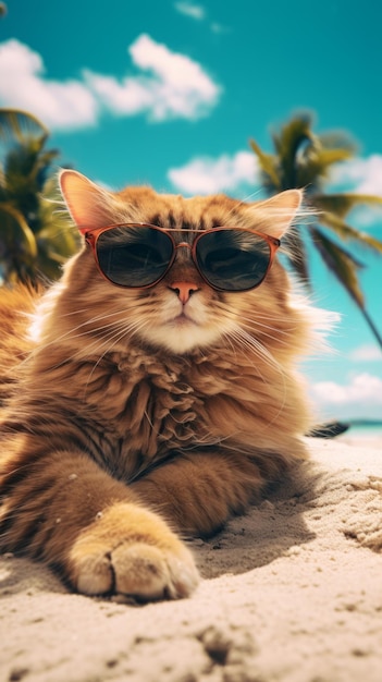 Een kat met modieuze zonnebril ligt op het dak op het strand.